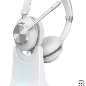 Wireless Headset with Mic for Work, Bluetooth Headset with Microphone (AI Noise Canceling & Mic Mute), Wireless Headset with USB Dongle & Charging Dock for Work/Home/Office/Call Center/PC/Laptop/Zoom