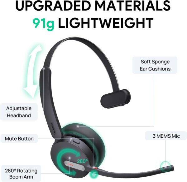 Yealink BH70 Dual Wireless Headset with Mic for Work, Bluetooth Headphone with Teams Certification, up to 35h Talk Time, 147g All-Day Wearing Comfort, Perfect for Open Office Home Hybrid Work, USB-A - Image 2