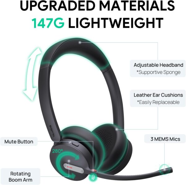 Yealink BH70 Dual Wireless Headset with Mic for Work, Bluetooth Headphone with Teams Certification, up to 35h Talk Time, 147g All-Day Wearing Comfort, Perfect for Open Office Home Hybrid Work, USB-A - Image 3