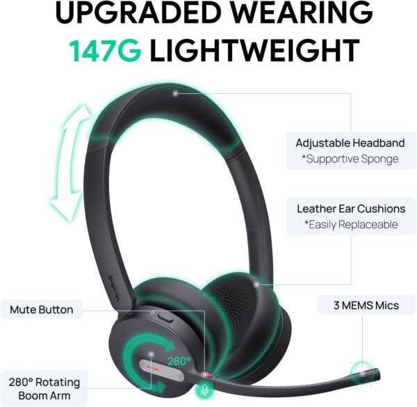 Yealink BH70 Dual Wireless Headset with Mic for Work, Bluetooth Headphone with Teams Certification, up to 35h Talk Time, 147g All-Day Wearing Comfort, Perfect for Open Office Home Hybrid Work, USB-A - Image 5