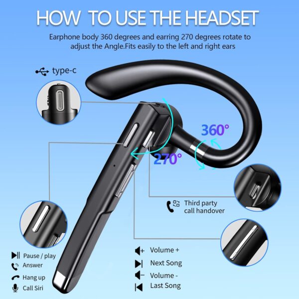 Bluetooth Headset for Cell Phones 500Hrs Standby Time with LED Charging Case 270 Degrees Rotatable Mic Hands Free Bluetooth 5.1 Version - Image 9